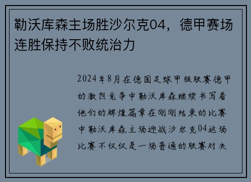 勒沃库森主场胜沙尔克04，德甲赛场连胜保持不败统治力