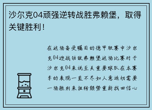 沙尔克04顽强逆转战胜弗赖堡，取得关键胜利！